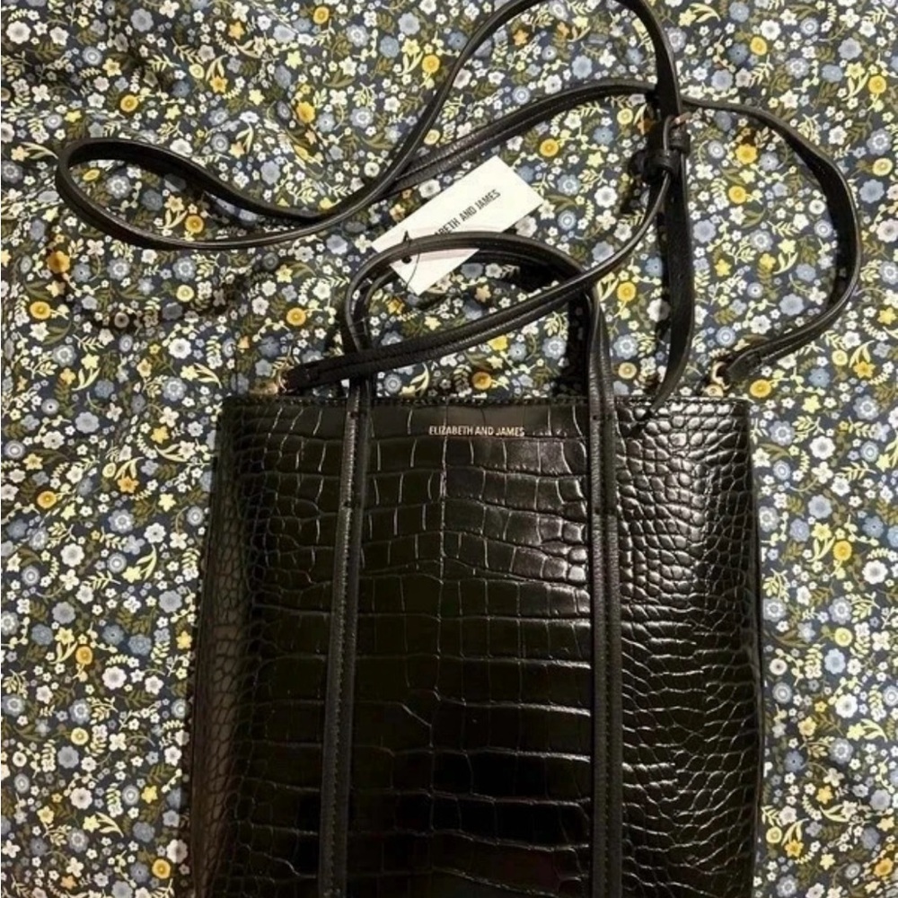 Elizabeth and James Black Croc-Embossed Crossbody Tote
